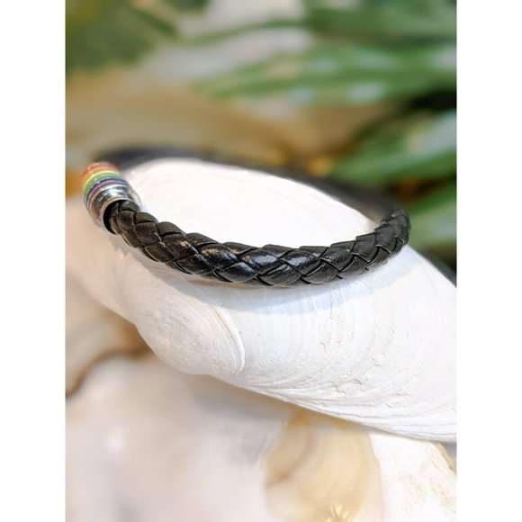 🍑Gay Pride Rainbow LGBTQ Braided Black Leather Magnetic Closure Bracelet - Picture 5 of 9